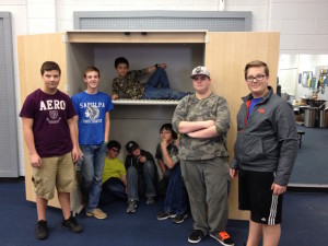 Kaden's project at the Sapulpa High School Band Room L to R Kaden Jackson, Evan Linfoot, Isaac Cearley, Nick Lynam, Cody Edwards, Nickey Cooper, Gabe Jackson & Jett Jordan on the shelf.