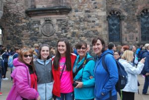 Misty Sloan of Kiefer and members of her family stop for a quick photo at Edinburgh Castle. They are, from left, her aunt Sherri Robb of Arkansas, daughters Sierra and Savannah Lee, both Kiefer High students, her mother Kathy Vaught of Arkansas, and Sloan.