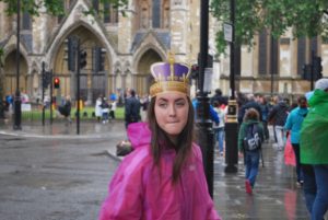 Savannah Lee, a junior at Kiefer High, dons one of the Burger King crowns in honor of Queen Elizabeth II's official birthday while roaming the streets of London.