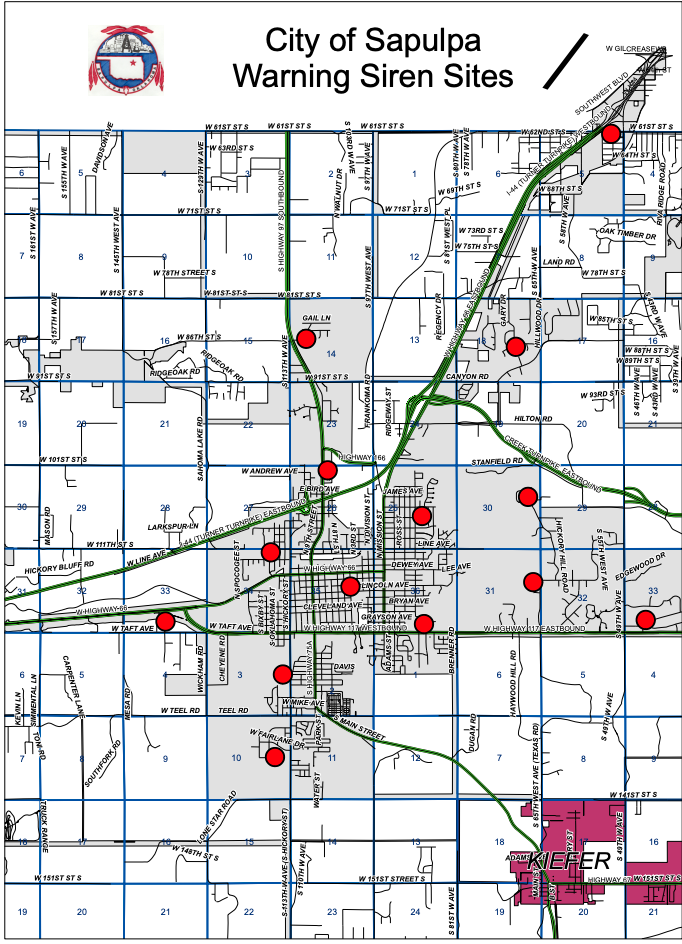 A map of the City of Sapulpa tornado warning sirens.