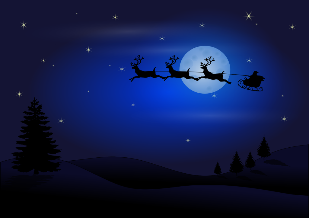 moon, silhouettes, santa claus