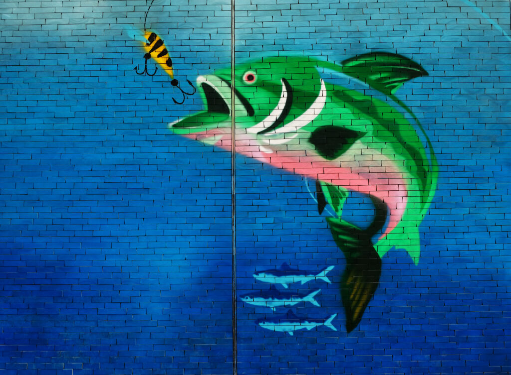 Green fish about to eat the fish hook wall art