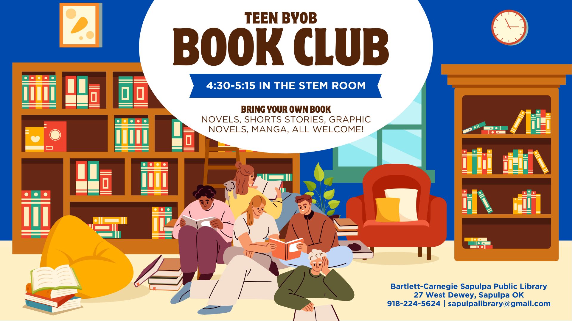 Teen BYOB (Bring Your Own Book) Club at the Bartlett-Carnegie Sapulpa Public Library