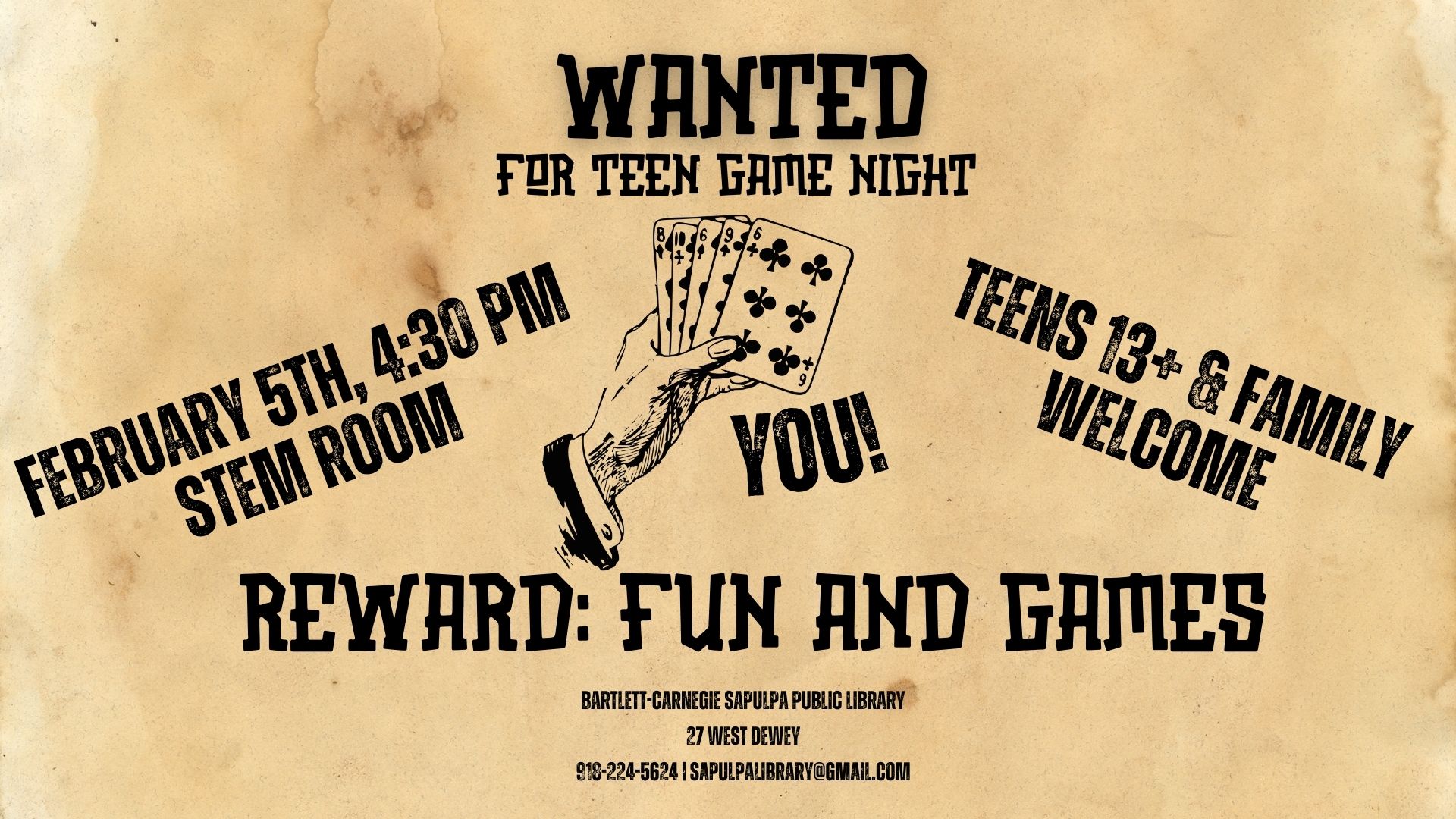 Teen Card Game Night at the Sapulpa Public Library