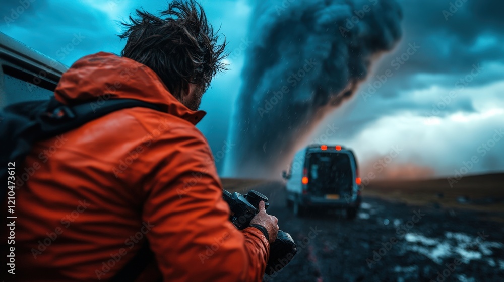 A storm chaser stands close to a powerful tornado as dark clouds loom ominously, showcasing the raw beauty and danger of nature while documenting the extreme weather event unfolding.